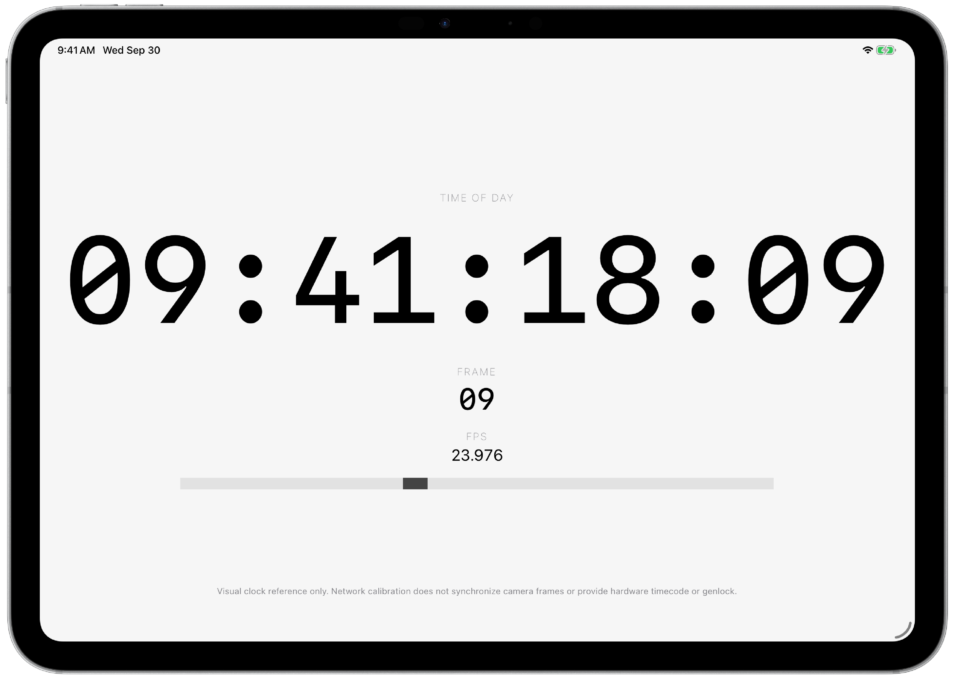 Pacing Sync on iPad with a large timecode, frame number and frame-progress indicator.